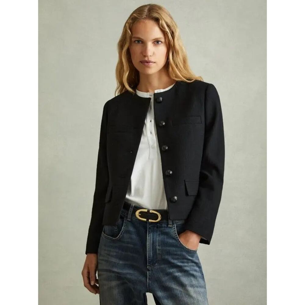 REISS Nola Cropped Wool Jacket - Black - Picture 1 of 10